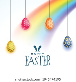 happy easter day background with colorful eggs and rainbow