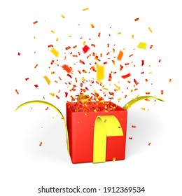 Happy Easter day background with confetti and open red gift box with yellow ribbon isolated on green background. Vector illustration.