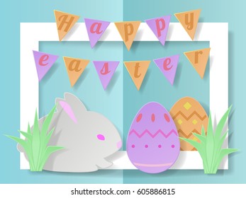 Happy easter day background . Greeting card paper cut style.