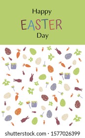 Happy easter day. Background rabbit, egg, paint, brush, angel, carrot. Easter card