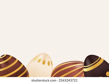 Happy Easter day background with realistic chocolate eggs with golden pattern. Holiday concept, template, layout. Spring vector illustration of brown and beige colors