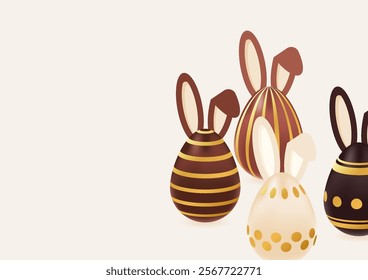 Happy Easter day background realistic chocolate gold eggs with rabbit ears. Holiday concept, template, layout. Spring vector illustration of brown, beige colors