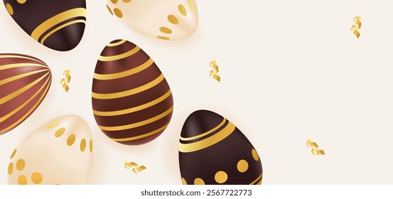 Happy Easter day background realistic chocolate gold eggs. Holiday concept, template, layout, copy space. Vector illustration of brown, beige colors