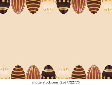 Happy Easter day background with realistic chocolate golden eggs. Holiday concept, template, layout. Spring vector illustration of calm brown and beige colors