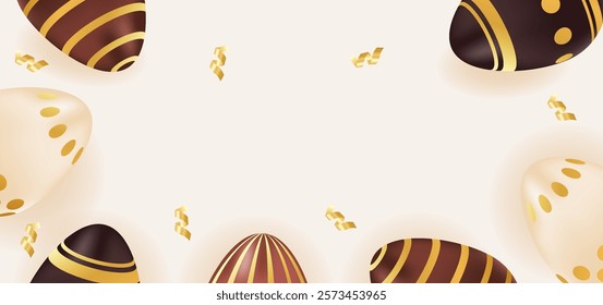 Happy Easter day background realistic chocolate gold eggs. Holiday concept, template, layout, copy space. Vector illustration of brown, beige colors
