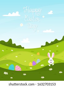 Happy Easter day background. Spring background with lawn, Easter Bunny and Easter eggs. Vector illustration.