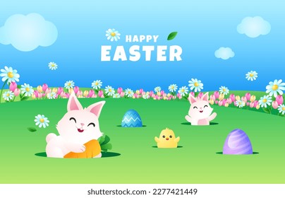Happy Easter day background. Spring flower background with holes on field filled with egg, rabbits and chick.