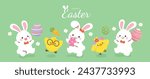 Happy Easter day background vector. Cute wallpaper of lovely white rabbit, easter eggs, bunny, flower, carrot, yellow chick. Spring holiday illustration for banner, greeting card, social media.