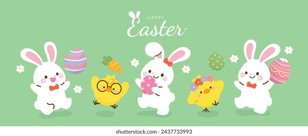 Feliz día de Pascua vector de fondo. Fondo de pantalla lindo de conejo blanco encantador, huevos de pascua, conejito, flor, zanahoria, pollito amarillo. Ilustración de vacaciones de primavera para banner, tarjeta de felicitación, medios de comunicación social.