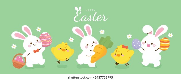 Happy Easter day background vector. Cute wallpaper of lovely white rabbit, easter eggs, bunny, flower, carrot, basket, chick. Spring holiday illustration for banner, greeting card, social media.