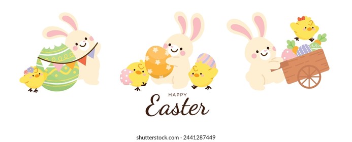 Happy Easter day background vector. Cute wallpaper of lovely rabbit, easter eggs, bunny, flower, decoration, yellow chick. Bunny character illustration for banner, greeting card, social media.