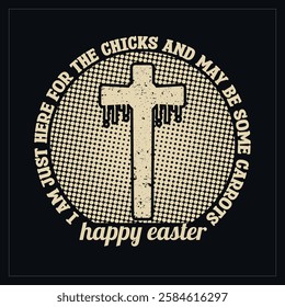 Happy easter day badge concept typography with christian cross and color halftone effect vector