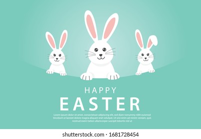 Happy Easter Day banner 3 rabbit and bunny on blue background. Greeting card and poster vector illustration.