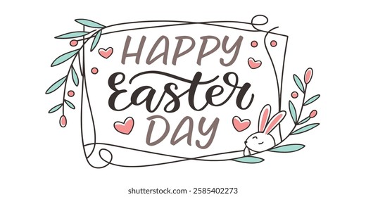 Happy Easter Day Banner Art with Floral Elements. Happy Easter Day Banner with Floral Elements and Spring Festive Design