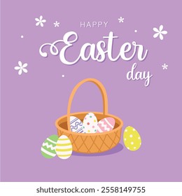 Happy Easter day banner with basket and eggs. Vector illustration