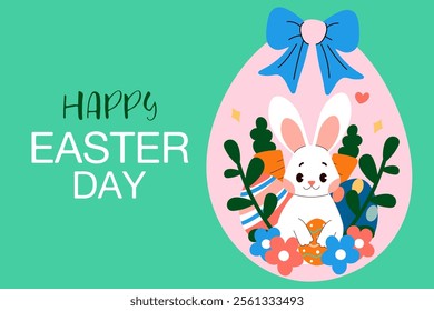 Happy easter day banner with bunny in egg, carrots and flowers. Flat vector illustrations.