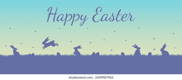 Happy Easter day banner. Colorful gradient easter horizontal background with bunnies and eggs lawn