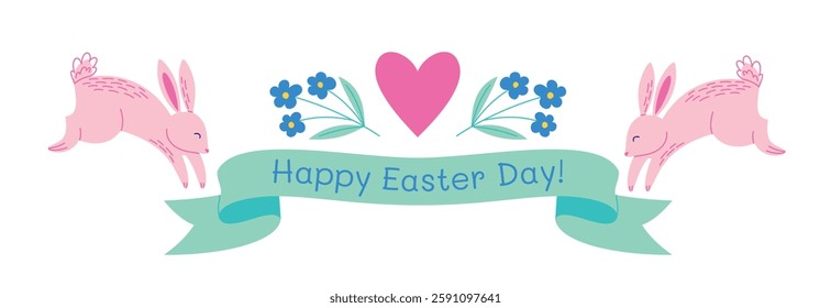 Happy Easter Day banner with cute pink rabbits. Vector illustration isolated on white background.
