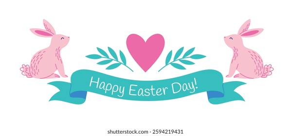 Happy Easter Day banner with cute pink rabbits. Vector illustration isolated on white background.