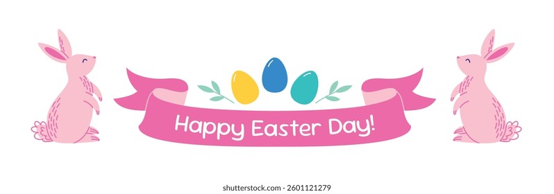 Happy Easter Day banner with cute pink rabbits. Vector illustration isolated on white background.