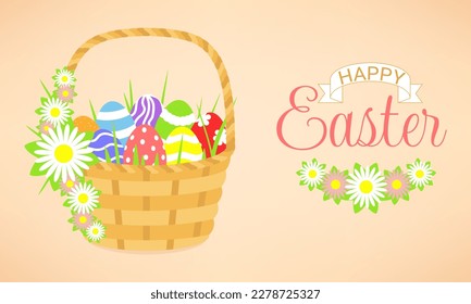 Diseño de pancartas de feliz día de Pascua. cesta con huevos de Pascua y flores.