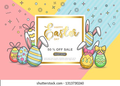 Happy easter day banner. Eggs of colorful in thinline modern  flat style. Easter greeting card or sale poster. Vector illustration