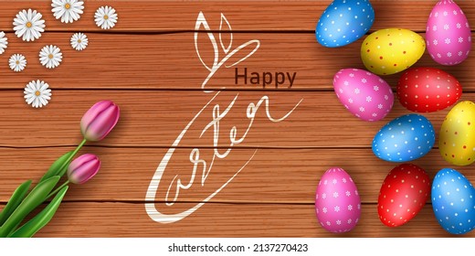 happy easter day banner easter eggs on wooden table