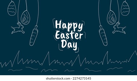 Happy Easter day banner and greeting design in white hand drawn style