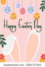 Banner feliz día de Pascua, afiche conejito oreja de fondo de huevo de pascua