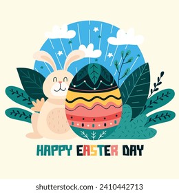Cartel del Feliz Día de Pascua, afiche, tarjeta de saludo. Diseño de moda de Pascua con tipografía, conejillos, flores, huevos, orejas de conejo, en colores pastel. Moderno estilo minimalista