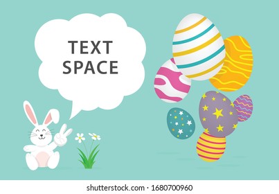 Happy Easter Day banner rabbit sitting on eggs sweet and kid style on blue background. Greeting card and poster vector illustration. text space.