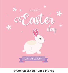 Happy Easter day banner rabbit in flat style. Vector illustration