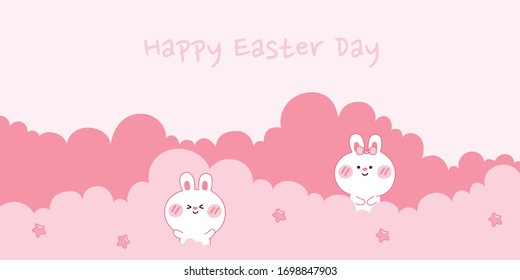 Happy easter day banner template design.Rabbit on pink cloud with star.Cute cartoon animal character hand drawn.Doodle style.Bunny greeting.Image for card,poster.Festival.Holiday.Vector.Illustration.