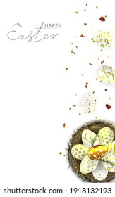 Happy Easter day. Easter banner template with Easter eggs in the nest.