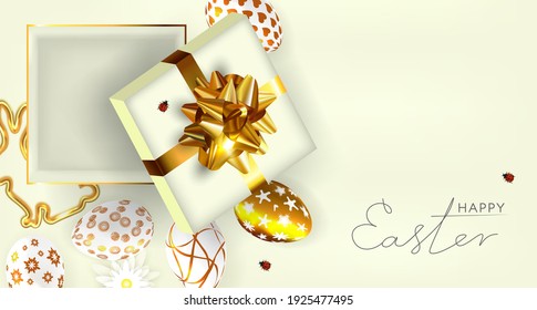 Happy Easter day. Easter banner template with open gift bow and Easter eggs.