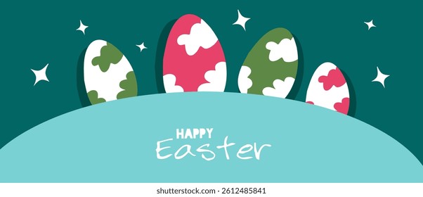 Happy Easter day banner. Trendy Easter eggs vector design with cute grass, typography in green color background. Modern minimal style for horizontal poster, greeting card, social media, marketing, ad.