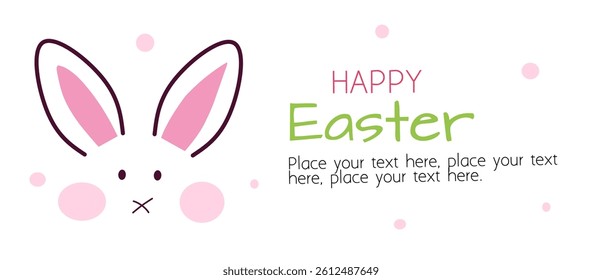 Happy Easter day banner. Trendy Easter eggs vector design with cute bunny, typography in white color background. Modern minimal style for horizontal poster, greeting card, social media, marketing, ad.
