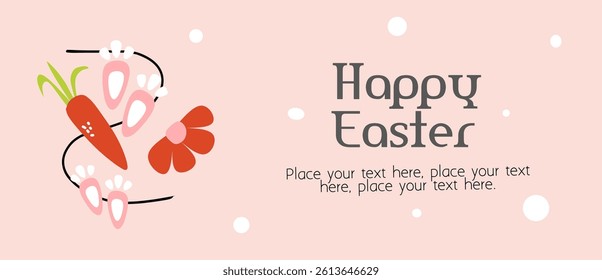 Happy Easter day banner. Trendy Easter eggs vector design with flower, carrot, typography in pink background. Modern minimal style for horizontal poster, greeting card, social media, marketing, ad.