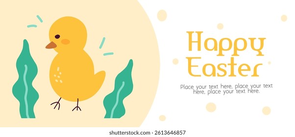 Happy Easter day banner. Trendy Easter eggs vector design with cute chick, typography in yellow background. Modern minimal style for horizontal poster, greeting card, social media, marketing, ad.