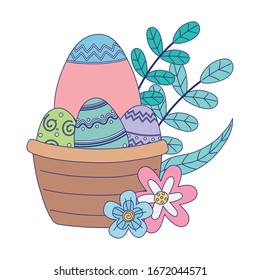 feliz día de la Semana Santa, cesta con huevos flores deja la decoración follaje ilustración vectorial