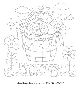 Happy Easter Day With Basket And Flowers