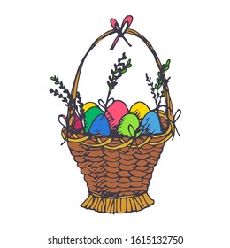 Happy Easter Day. Easter basket with easter painted eggs isolated on white background. Hand Drawn vector illustration.