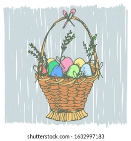 Happy Easter Day. Easter basket with painted eggs isolated on gray background. Hand Drawn vector illustration.