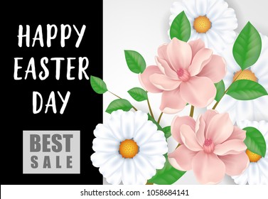 Happy Easter Day Best Sale lettering. Easter sale invitation with flowers. Typed text, calligraphy. For flyers, posters, leaflets and brochures.