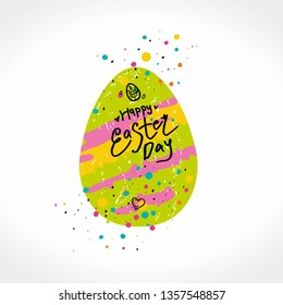 Happy Easter Day. Bright colorful hand drawn paint logo. Vector template with gift easter egg. Flat design colorful egg and handwritten wish phrase.