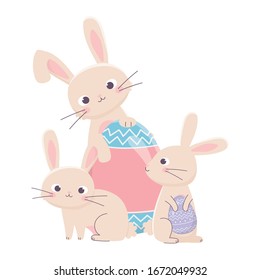 conejillos felices de Semana Santa con una gran ilustración decorativa vectorial de huevo