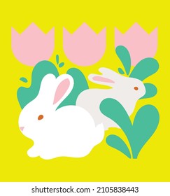 Happy Easter day, Easter bunnies, cute rabbit with tulip spring flowers on green background. Greeting card, vector illustration, icon, cartoon flat style