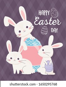 happy easter day bunnies with delicate eggs decoration vector illustration