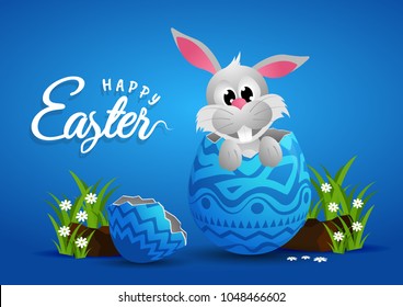 Happy Easter Day bunnies and egg. Wide copy space for text.