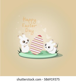 Happy Easter Day. Bunnies. Painted egg, holiday greetings.